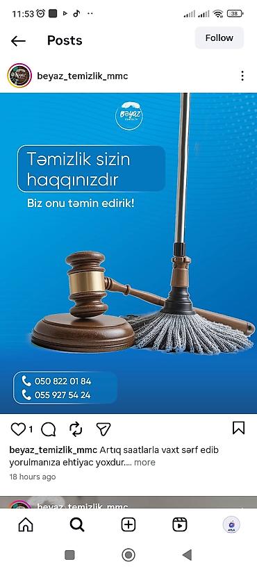 Təmizlik: Salam.Xidmet deyil təmizlik isine gedirəm ev,ofis, obyekt fərq etməz — 1