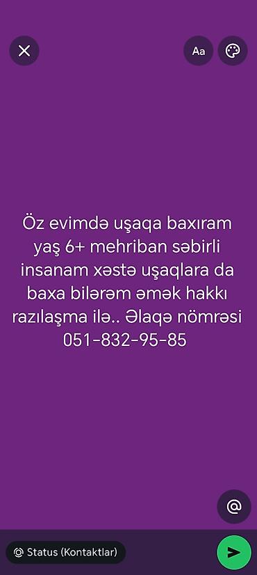 Dayələr: Öz evimdə uşaq baxımı xidməti təklif olunur. 6 yaşdan yuxarı uşaqlara — 1