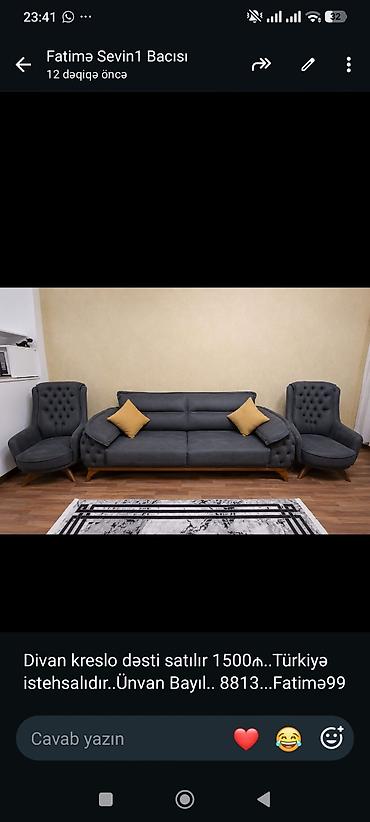 Divan kreslo dəsti satılır 1500₼. Türkiyə istehsalıdır. Ünvan Bayıl