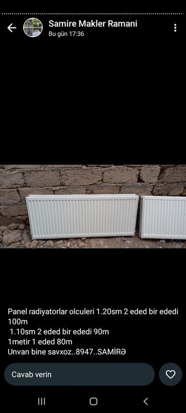 radiator islenmis: Panel radyatr olculeri 1;20 2eded. qiymeti 100 manat. 1:10. 2 eded