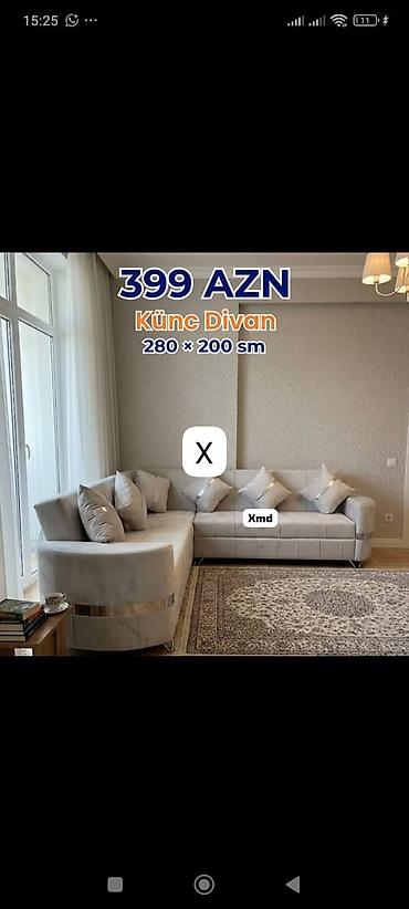 Divanlar: Künc divan – 280 × 200 sm Qiymət: 399 AZN - Zərif açıq rəngli parça — 1