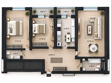 3 комнаты, 87 м², Пишпек Элитка, 15 этаж, ПСО (под самоотделку)
