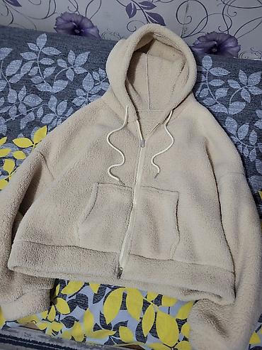 oversize tshirt: Bej rəngli flis kapşonlu kardiqan/sviter - Material: yumşaq, isti — 2