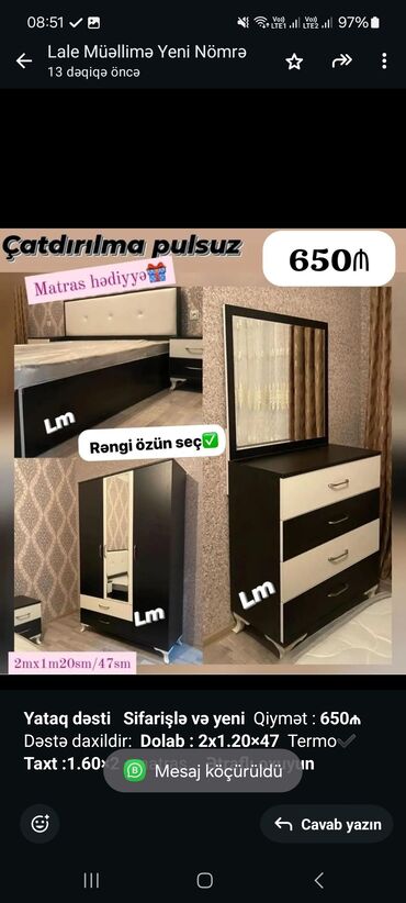 mebel bəzəmək: *Yataq dəsti* *Sifarişlə və yeni* Qiymət : *650₼* Dəstə daxildir