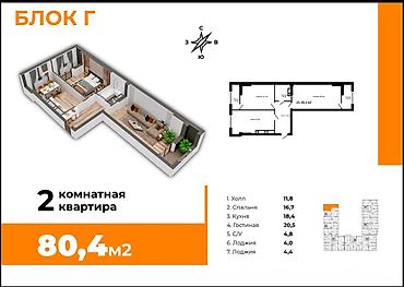 80: 2 комнаты, 80 м², Аламедин-1 мкр Элитка, 6 этаж, ПСО (под самоотделку) — 1