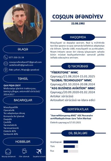 tələbə ucun iş: Xidmət: Avtokar və yüksəklik avadanlıqlarının operatoru, qaynaqçı