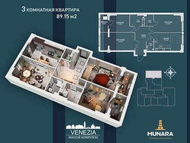 продажа домов талас: 3 комнаты, 89 м², Элитка, 12 этаж, ПСО (под самоотделку)