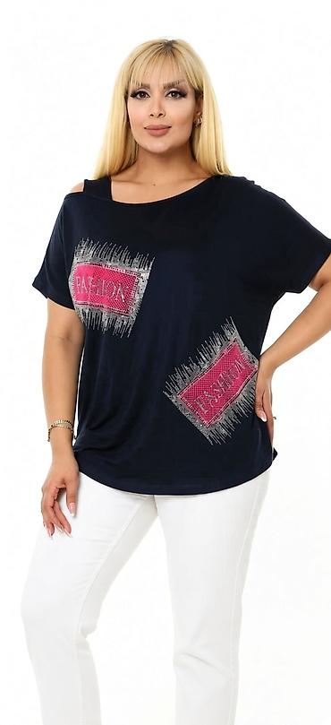 Qadın geyimləri: Qadınlar üçün qısaqoll bluz - Rəng: tünd göy - Kəsim: rahat/oversize — 3