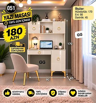 Mebel: Düz masa, Stulsuz, Polkalı, Siyirməli, Parlaq laminat — 1
