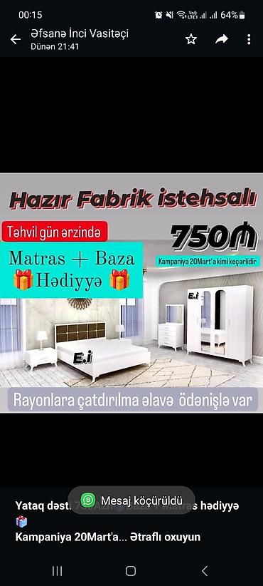 mebel trimo: *Yataq dəsti 750Azn🎁Baza + Matras hədiyyə🎁* *Kampaniya 20Mart'a kimi — 5