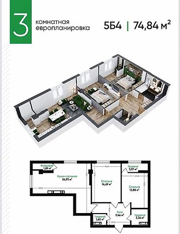3 комнаты, 75 м², АЮ Гранд Элитка, 4 этаж, ПСО (под самоотделку)