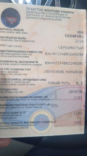 Kia: Kia Carnival: 2019 г., 2.2 л, Автомат, Дизель, Минивэн — 13