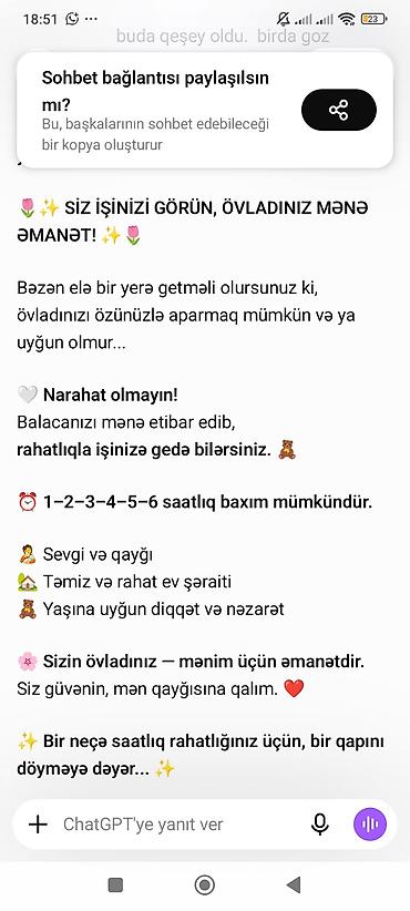 Oz evimde uşaga baxiram. Temiz ve şerayitli. Maştaga tavayliq
