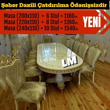 Masa və oturacaq dəstləri: Qonaq otağı üçün, Yeni, Açılmayan, Dördbucaq masa, 6 stul — 11