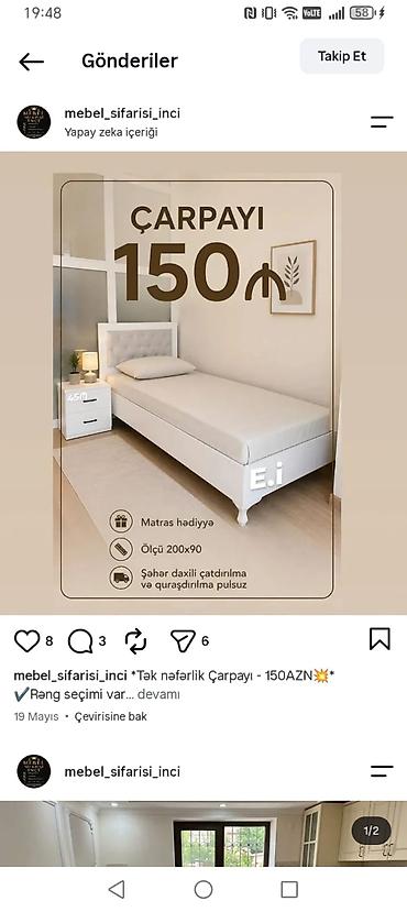 Tək nəfərlik çarpayı - Ölçü: 200x90 sm - Matras hədiyyə - Şəhər lalafo.az -da Tək nəfərlik çarpayı - Ölçü: 200x90 sm - Matras hədiyyə - Şəhər