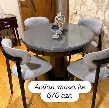 Açılan dairəvi yemək masası və 4 ədəd stul dəsti. - Masa: dairəvi