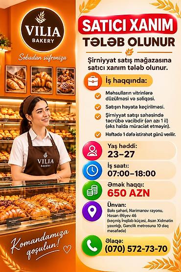 gece part time is: Satış məsləhətçisi tələb olunur, Yalnız qadınlar üçün, 1-2 illik təcrübə, Aylıq ödəniş — 1