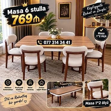 Masa və 6 stul dəsti - Masa ölçüsü: 1 m x 2 m - Material