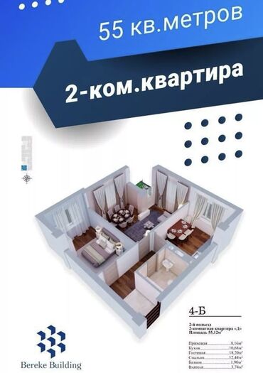 продажа элитных квартир в оше без посредников 2022: 2 комнаты, 55 м², Элитка, 2 этаж, ПСО (под самоотделку)