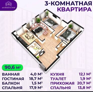продажа домов селекция: 3 комнаты, 91 м², Элитка, 11 этаж, ПСО (под самоотделку)