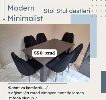 stol stil: Mətbəx üçün, Qonaq otağı üçün, Yeni, Açılmayan, Dördbucaq masa, 6 stul