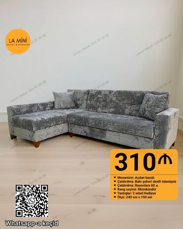 qizlar ucun hediyyeler: Künc divan, Açılan, Bazasız, Vеlur parça, Şəhərdaxili pulsuz çatdırılma