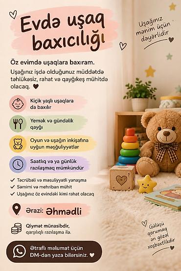 Ev şəraitində uşaq baxıcılığı Öz evimdə uşaqlara nəzarət və qayğı lalafo.az -da Ev şəraitində uşaq baxıcılığı Öz evimdə uşaqlara nəzarət və qayğı