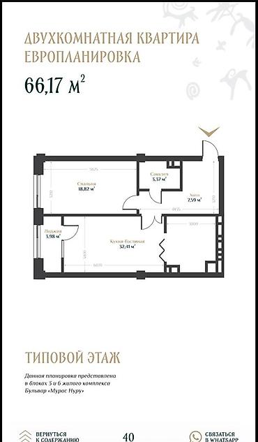 кваритира: 2 комнаты, 66 м², Орто-Сай с. Элитка, 2 этаж, ПСО (под самоотделку) — 2
