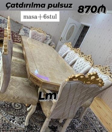 ev üçün stol stul: Qonaq otağı üçün, Yeni, Açılmayan, Dördbucaq masa, 6 stul, Azərbaycan