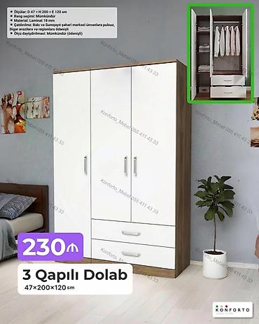 Mebel: 3 qapılı geyim dolabı Ölçülər: D 47 × H 200 × E 120 sm Material: 18 — 1