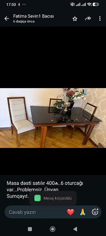 Masa dəsti satılır 400₼. 6 oturcağı var. Problemsiz. Ünvan