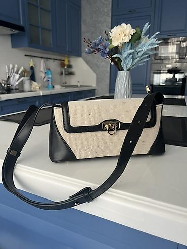 louis vuitton kabro: Qadın çantası – toxuma krem rəngli parça və qara dəri birləşməsi - — 1