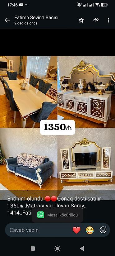Мебель: Endirim olundu 🛑🛑Qonaq dəsti satılır 1350₼. Matrası var.Ünvan Saray — 1