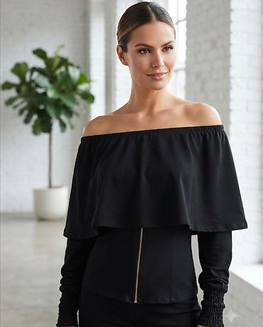 Elegantna ženska bluza na rame (off-shoulder), crne boje. - Dizajn