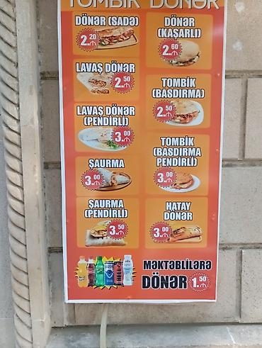 Sifarişlə hazır yeməklər: Tombik Donər – Valeh Usta Menyu: - Donər (sadə) – 2.20 ₼ - Donər — 3