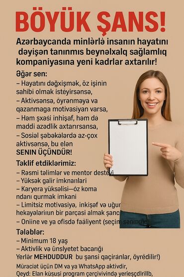 ozel klinikaya tibb bacisi teleb olunur 2023: Satış məsləhətçisi tələb olunur, İstənilən yaş, Təcrübəsiz, Gündəlik ödəniş