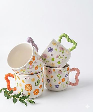 Кружки керамические с рельефной витой ручкой и цветочным рисунком lalafo.kg да Кружки керамические с рельефной витой ручкой и цветочным рисунком