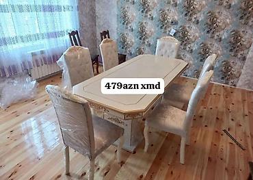 Masalar və oturacaqlar: Yemək otağı dəsti – masa və 6 stul - Klassik dizaynlı, açıq krem/bej — 1