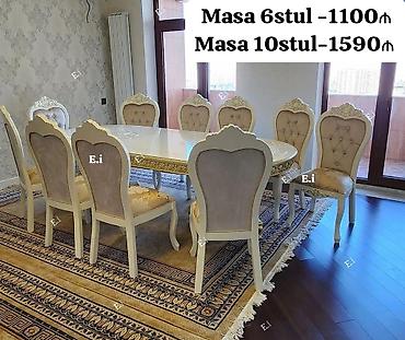 zal ucun mebel: Klassik üslubda yemək dəsti – zərif oymalı, krem-ağ tonlarda masa və — 1