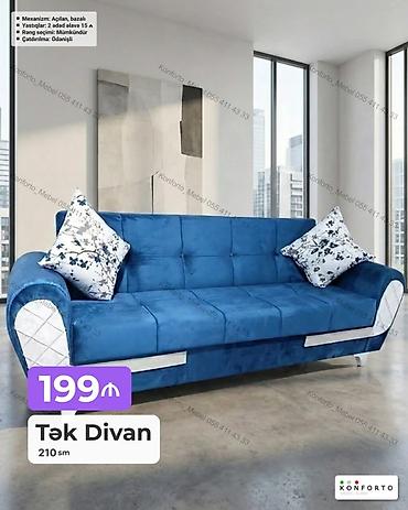 Divanlar: Tək divan – 210 sm • Mexanizm: açılan, bazalı (yataq funksiyalı, alt — 1