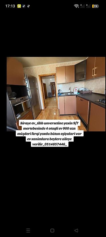 Kiraye ev_tibb unversetine yaxin 9/7 mertebesinde 4 otaqli ev 900 azn