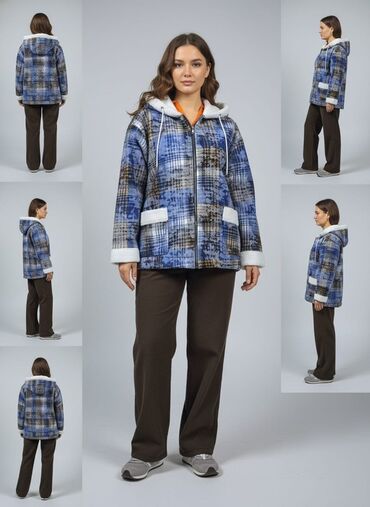 длинное трикотажное платье с капюшоном: Женская утеплённая куртка с капюшоном - Принт: клетка в