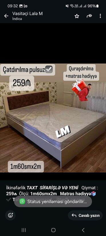 bir nəfərlik çarpayı: İkinəfərlik _*TAXT*_ _*SİFARİŞLƏ VƏ YENİ*_ Qiymət : *259₼* Ölçü