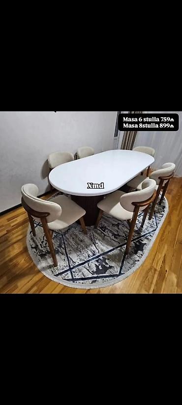 jurnal stolu: Ağ ovala bənzər üstlü yemək masası dəsti. Rahat bel dayaqlı, yumşaq — 1