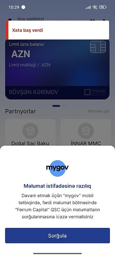 Xidmət: mygov inteqrasiyalı limit kartı üçün məlumat sorğusu icazəsi lalafo.az -da Xidmət: mygov inteqrasiyalı limit kartı üçün məlumat sorğusu icazəsi