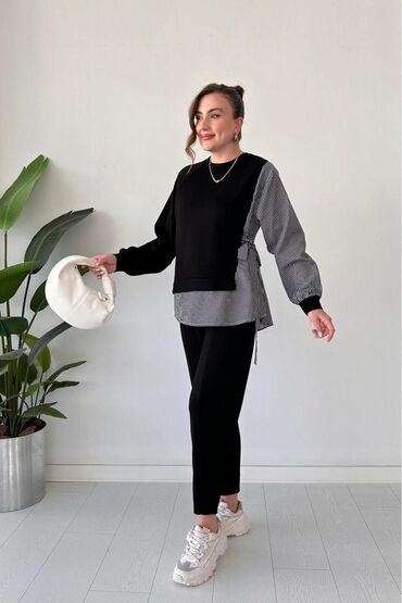 женские серые брюки: Qadın dəst – 2 parçalı - Üst: Sweatshirt və köynək effektli dizayn