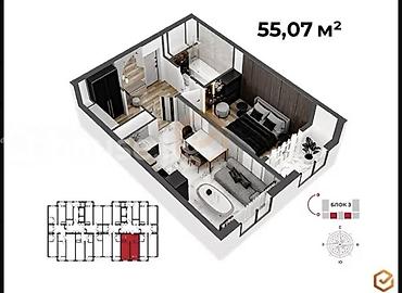 Продажа квартир: 1 комната, 55 м², Технопарк Элитка, 11 этаж, ПСО (под самоотделку) — 2