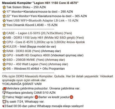Masaüstü kompüterlər və iş stansiyaları: Masaüstü Kompüter "Legion H81 1150 Core i5 4570” ⭐Tək Sistem Bloku – — 2