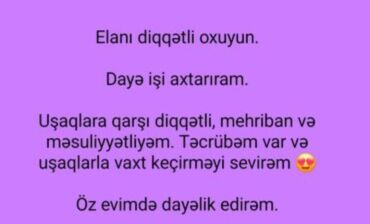 требуется женщина по уходу за пожилым человеком: Xidmət: Uşaqlar üçün dayəlik - Təcrübəli, diqqətli və mehriban dayə