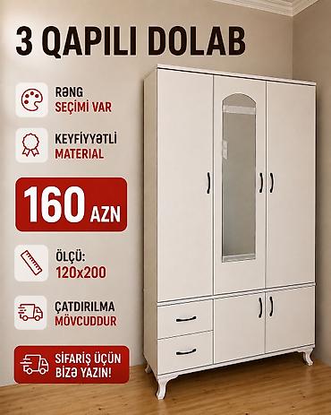 uşaq dolabi: 3 qapılı paltar dolabı - Ölçü: 120×200 sm - Model: mərkəzdə güzgülü 3 — 1